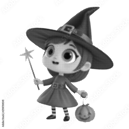 Cute cartoon girl witch holding a magic wand. Monochrome Halloween kid mascot carrying a pumpkin. Whimsical vector illustration with halftone texture.