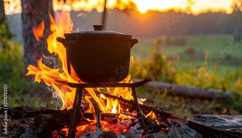 A pot sits on a campfire in a serene outdoor setting