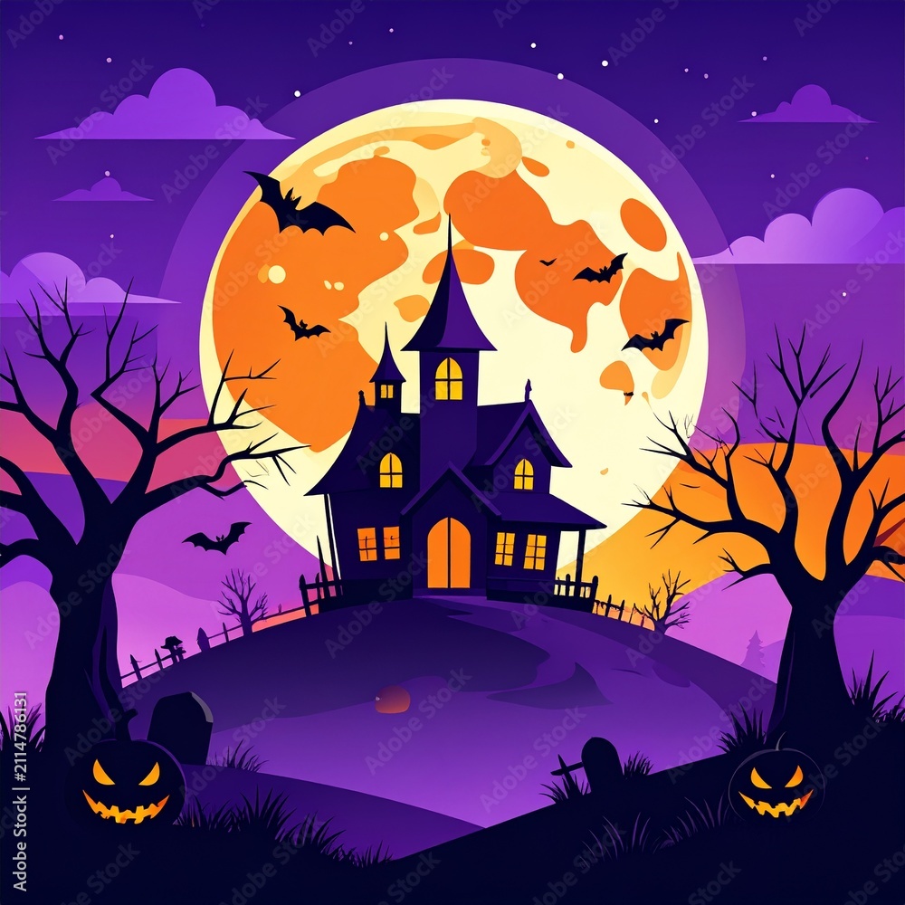 Fototapeta premium Haunted Castle Under Full Moon with Bats and Pumpkins Halloween Vector Illustration