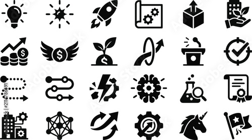 Set of business and startup development icons in flat black style