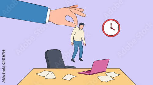 Cuadro en lienzo Large hand lifting employee by shirt from office desk, depicting micromanagement