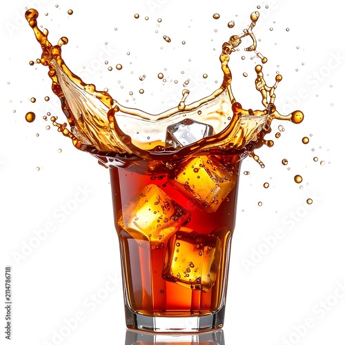 A refreshing glass of iced brown liquid with splashing droplets