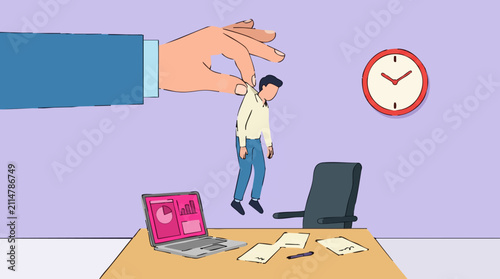 Фотография Big hand holding employee by collar in office, corporate control concept
