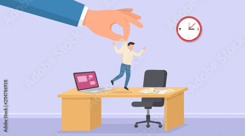 Foto Giant hand lifting small man from office desk, micromanagement concept