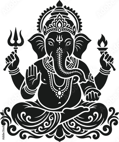 Fotografie Ganesha Silhouette Illustration Black And White Depiction Of The Hindu Deity div