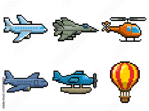 Retro pixel art aircraft icons, airplane jet and helicopter sprites, colorful 8-bit transport symbols for games and UI