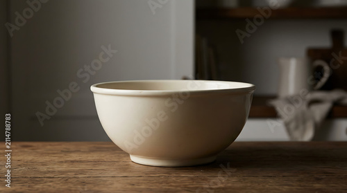 Cream Colored Kitchen Mixing Bowl With Scalloped Edge Resting On A Rustic Wooden Table With Soft Natural Light