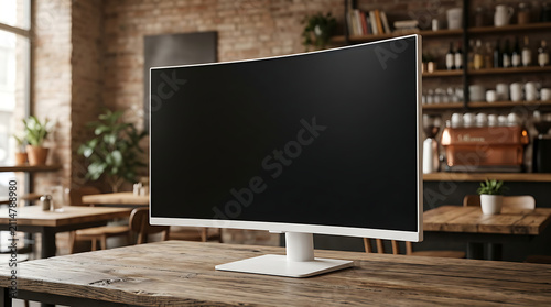 Curved Ultrawide Monitor Displaying Black Screen on a Wooden Table in a Cafe Environment