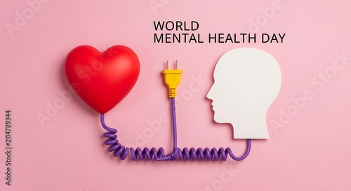World mental health day conceptual background with a red heart connected to a human head silhouette