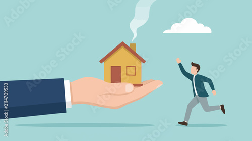 Tableau sur toile Flat illustration of a man reaching for a house offered by a large hand