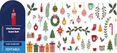 Set of hand drawn watercolor christmas elements and festive holiday decorations for seasonal design and greeting cards