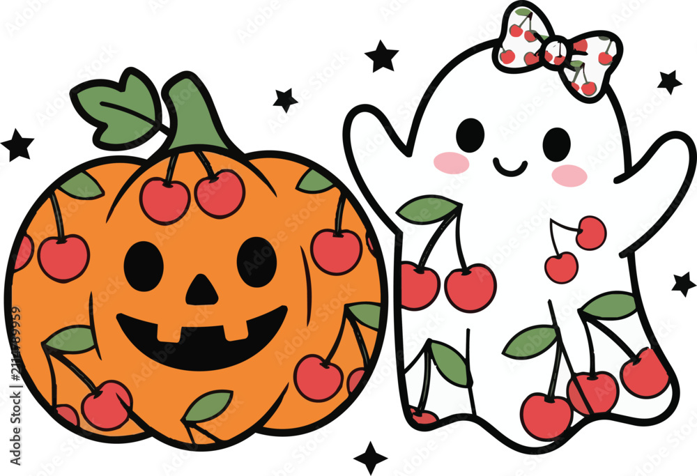 Fototapeta premium Cute cartoon ghost with cherry branches and smiling jack o lantern