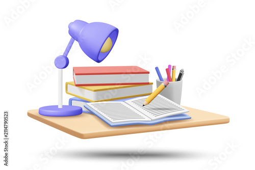 3d render study table stack of books open notebook and pen purple desk lamp on wooden desk back to school and education isolated on transparent png background for digital web graphic illustration