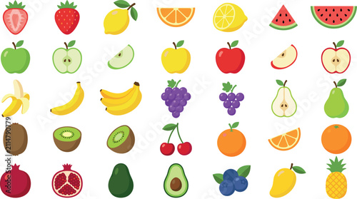 Colorful Flat Vector Fruit Icon Set Featuring Whole and Sliced Apples, Bananas, Berries, and Citrus Elements for Menus, Packaging, and Educational Designs