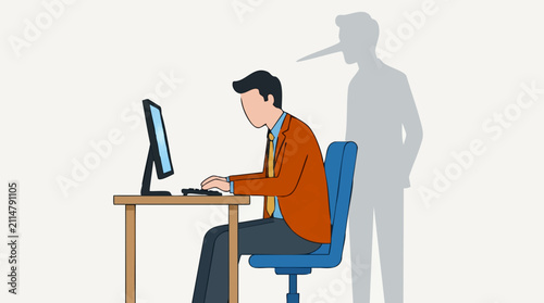Slika na platnu Man at computer with long nose shadow, representing dishonesty and deceit