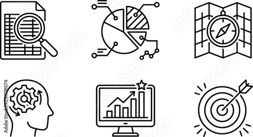 Business data analytics strategic planning market research performance tracking and navigation vector icon set