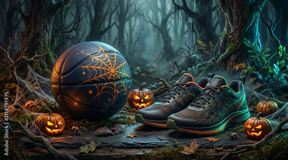 Obraz premium Basketball with cobweb design and sneakers in haunted forest with glowing jack o lantern. Halloween sports equipment for themed workout. Spooky October celebration and active lifestyle