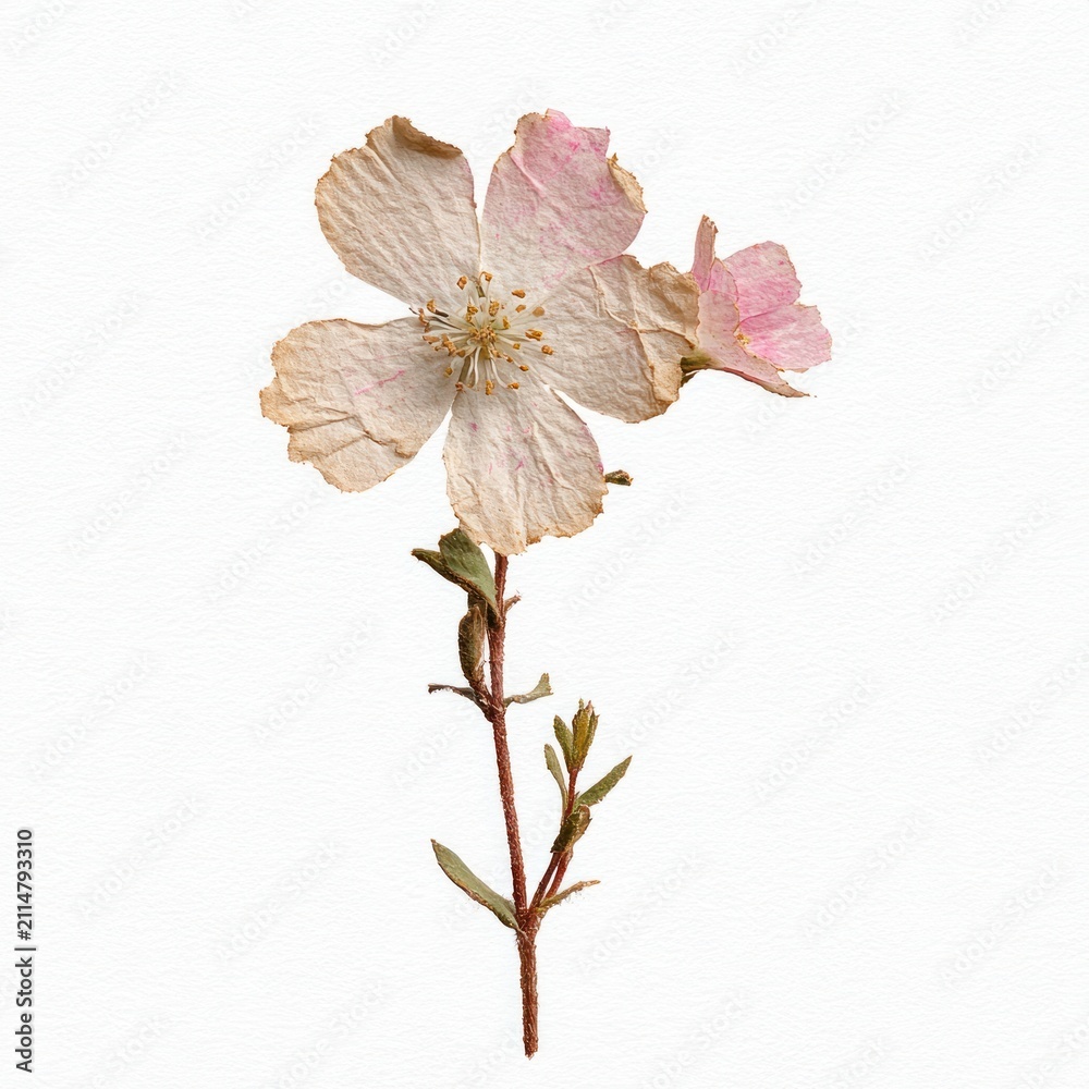 Obraz premium Delicate pressed flower with light pink petals on a white background.