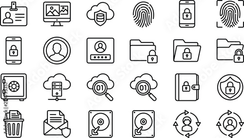 Cyber security and data privacy line icons set featuring cloud storage protection biometric fingerprint access and system firewall