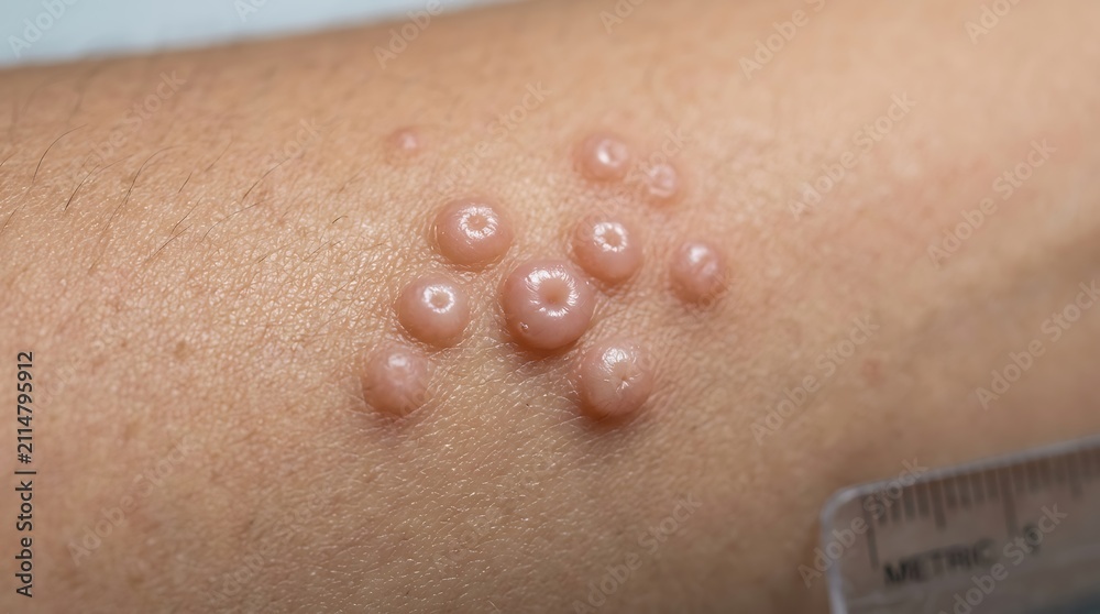 Fototapeta premium Skin rash with small red bumps on human arm