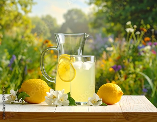 A refreshing glass of lemonade in a garden setting with lemons and flowers