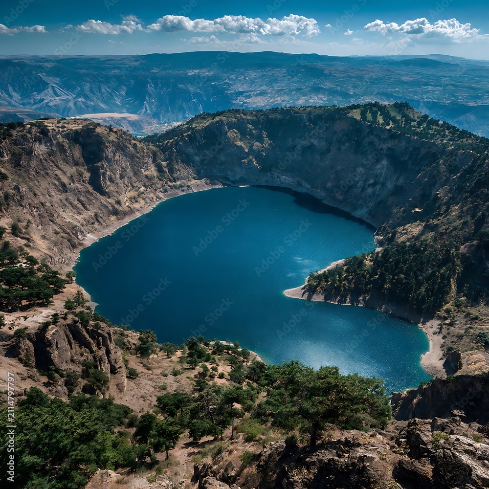 Obraz premium Stunning aerial view of a deep blue crater lake nestled in volcanic mountains.