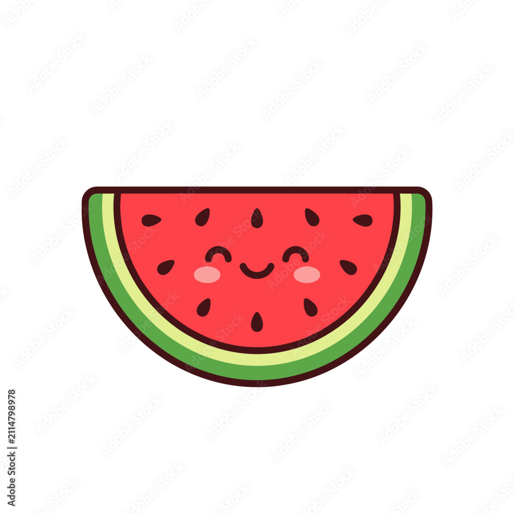 Obraz premium Semicircular watermelon slice with cute face and seeds.