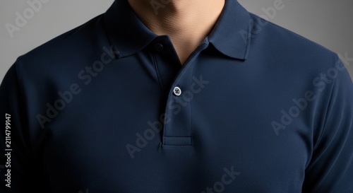 Professional Studio Photograph of Navy Blue Polo Shirt Chest with Softbox Lighting and Cotton Texture