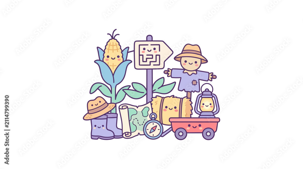 Naklejka premium Set of kawaii fall season and harvest adventure icons.