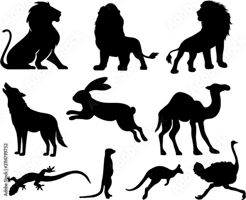 Animals silhouettes featuring lions, a wolf, a rabbit, a camel, a lizard, a meerkat, a kangaroo, and an ostrich are displayed in a clean collection on a white background.