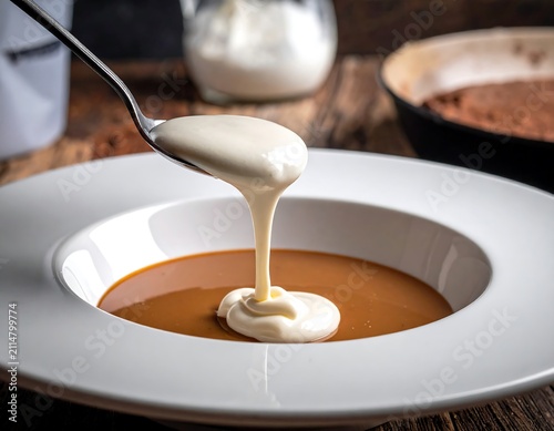 A rich, creamy white sauce being poured into a bowl of brown liquid dessert