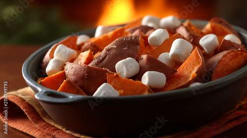 Baked sweet potato casserole topped with melted marshmallows in dark dish, marshmallow