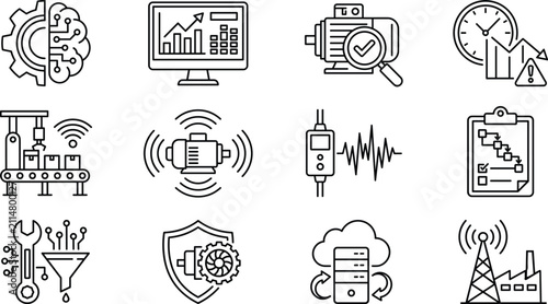 Industrial smart manufacturing linear icon set featuring predictive maintenance automation data analytics and smart factory systems
