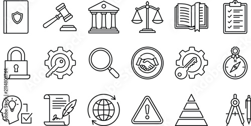 Legal compliance and corporate governance line icons set featuring justice system regulation court authority and strategic agreement