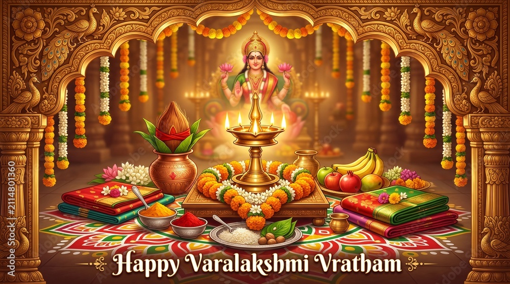 Fototapeta premium Happy Varalakshmi Vratham Vector Background with Goddess Lakshmi, Brass Diya Lamp, Kalash, Traditional Silk Sarees, Kumkum, Fruits, and Lotus Flower Setup for Hindu Festival Banner and Social Media Po