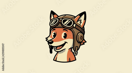 Cartoon fox wearing vintage aviator goggles and helmet.
