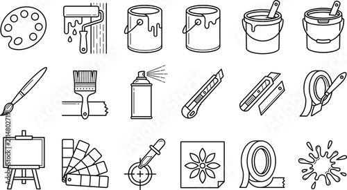 Painting tools and art supply linear icon set featuring paint cans brushes roller palette easel and renovation symbols