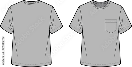Simple grey t shirt vector illustration with front and back views showing a single chest pocket design