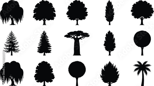 Fotografía Tree Silhouette Collection with Evergreen Deciduous Palm and Ornamental Trees Se