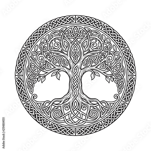 Elegant black and white Celtic Tree of Life illustration featuring intertwined branches, roots, and intricate knotwork within a circular frame, inspired by Norse mythology and tattoo line art