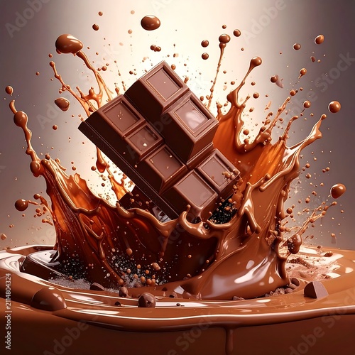 A rich, dark chocolate bar plunges into a pool of molten chocolate, creating a dynamic splash