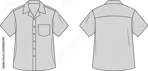 Mens classic light gray short sleeve camp collar button up shirt garment flat vector template for casual wear and uniform design