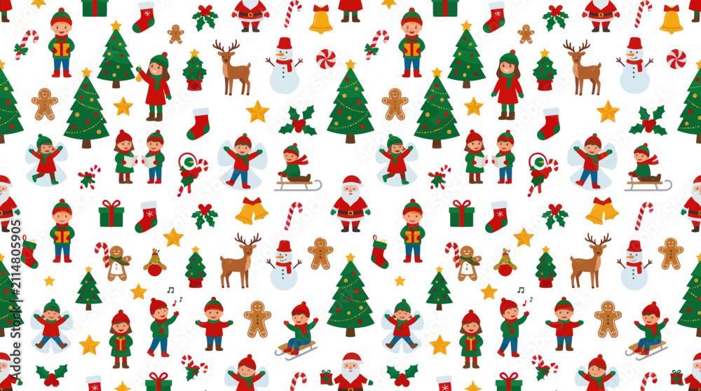 Obraz premium Christmas Holiday Flat Vector Seamless Pattern with Cute Kids, Santa, Trees and Winter Decorations