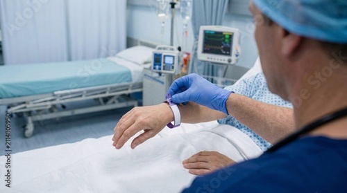 Male doctor checking identification bracelet on patient wrist in modern hospital ward