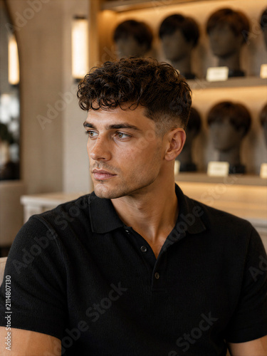 Man with curly hair sitting in a salon
