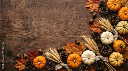 Pumpkins decorate a rustic wooden background with natural autumnal harvest items.