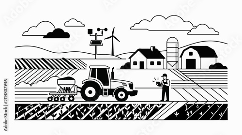 Modern farm with tractor farmer and automated technology