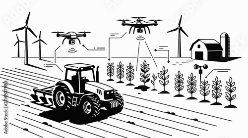 Modern farm with tractor drones windmills and crops