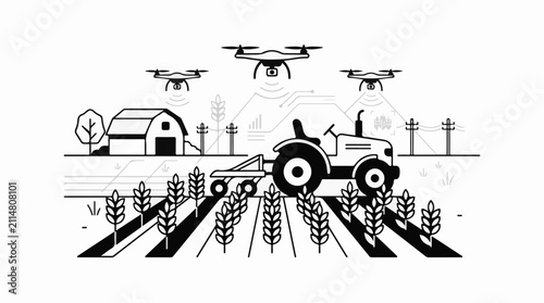 Modern farm with tractor drones and barn illustrating agricultural technology
