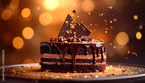 A rich, decadent chocolate cake slice with gooey chocolate sauce and sprinkles on a plate